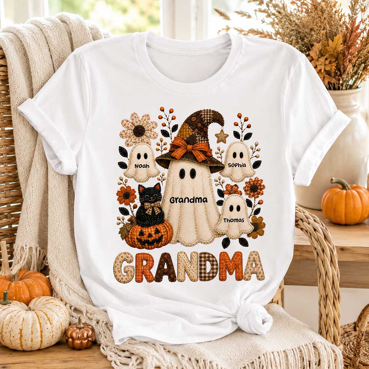 Cute Grandma Boo Witch Fall Season Halloween Faux Patchwork Pattern Coquette - Personalized Shirt - Halloween Gift For Grandma