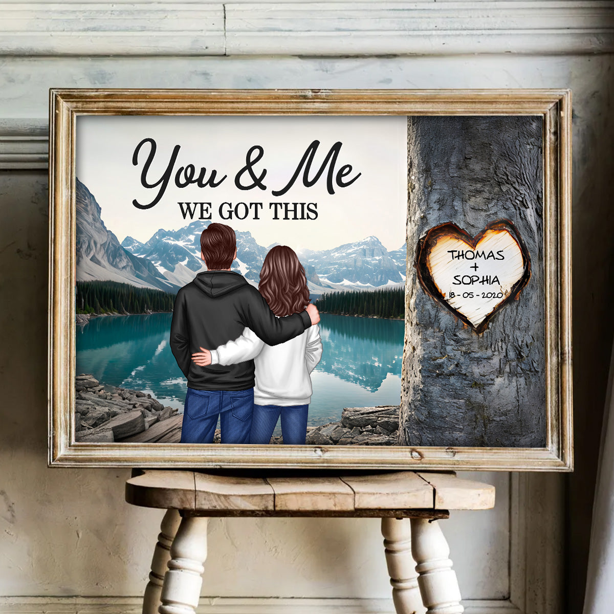 Couple Standing Back View Heart Carved Tree - Personalized Poster - Anniversary Gift, Valentine's Gift For Him, For Her