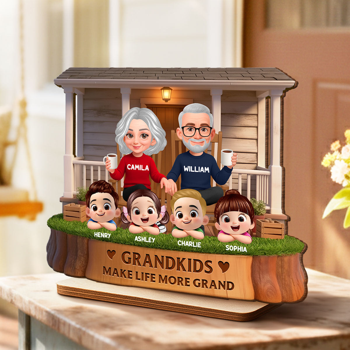 Grandkids Make Life Grand Grandparents On The Front Porch - Personalized 2-Layered Wooden Plaque - Gift for Grandma, Grandpa