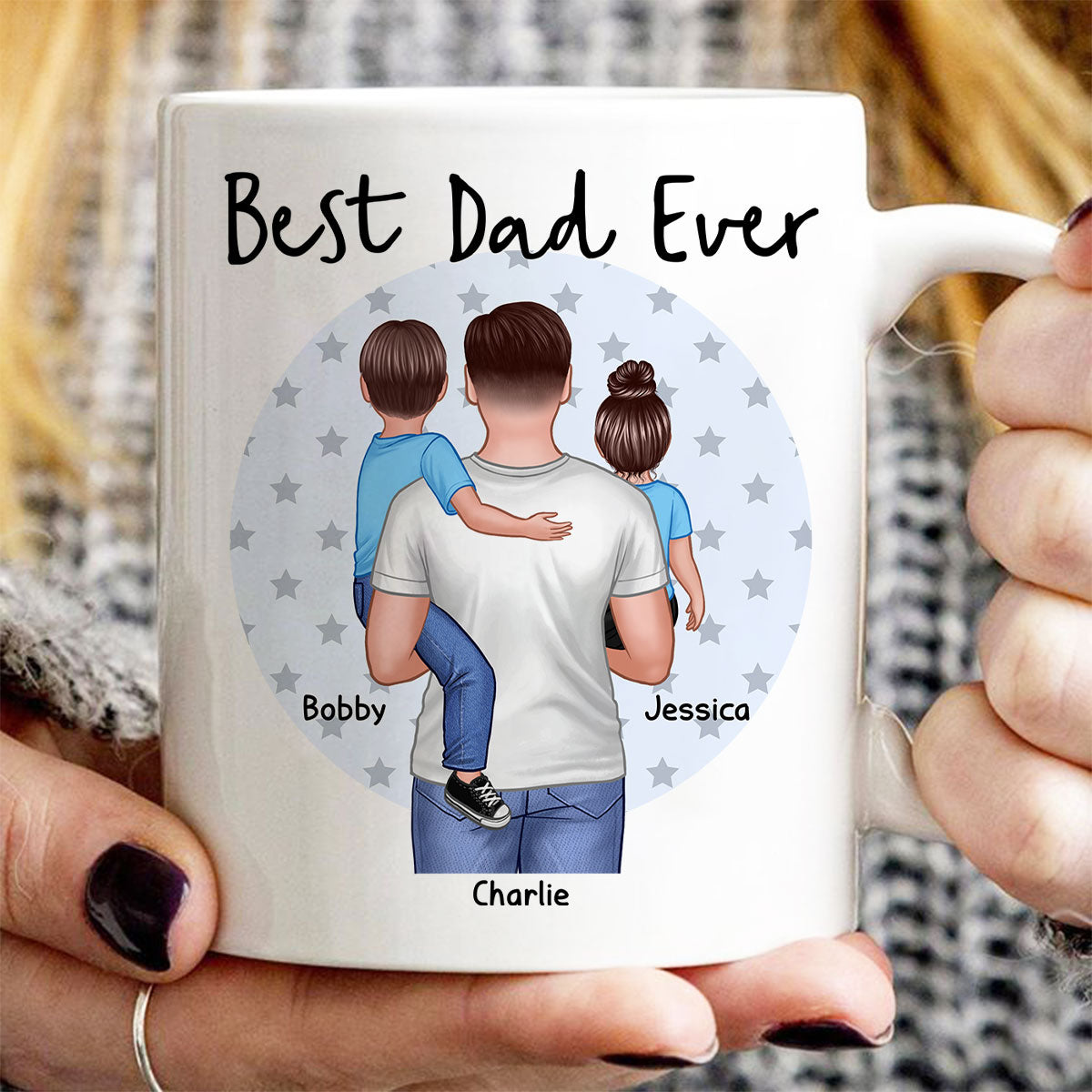 Dad Holding Kids Star Circle Personalized Mug