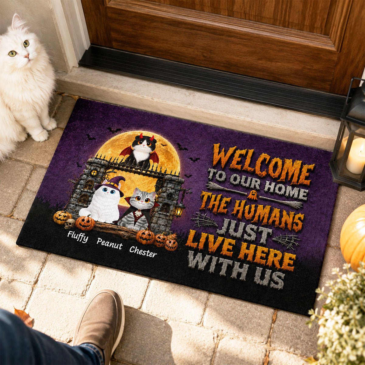 The Humans Just Live Here With Us - Personalized Doormat - Halloween Decor Gift, Gift For Cat Lovers