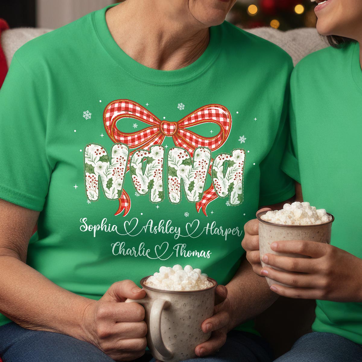 Grandma Coquette Floral Christmas Pattern With Kids Names - Personalized Shirt