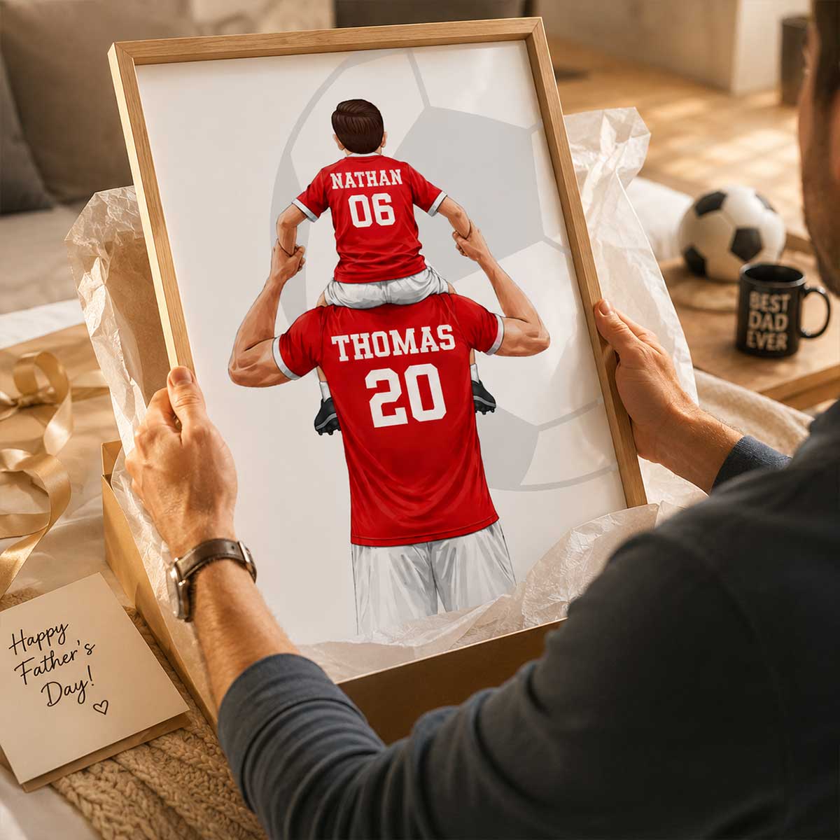 Kid On Dad's Shoulder - Personalised Poster - Father's Day Gift For Soccer Dad, UK Football Dad