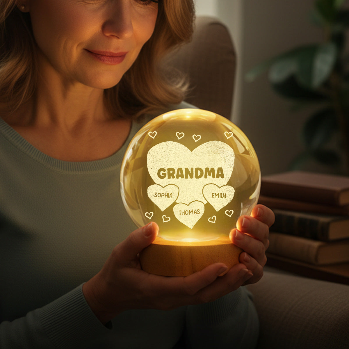 Grandma Mom Hearts Custom Kids Names - Personalized Crystal Ball LED Night Light - Gift For Grandma, Mom