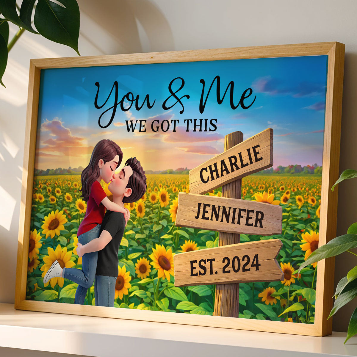 Eternal Love Couple Hugging Kissing Sunflower Field Sign Posts - Personalized Poster - Heartfelt Valentine, Anniversary Gift For Him, For Her