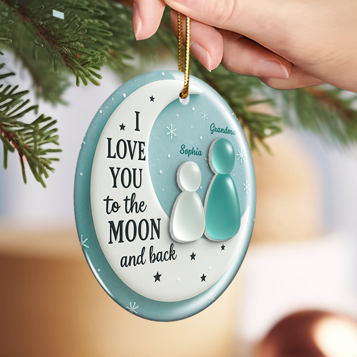 3D Sea Glass Effect Grandma And Grandkid On Moon - Personalized Ceramic Ornament With Acrylic Pieces