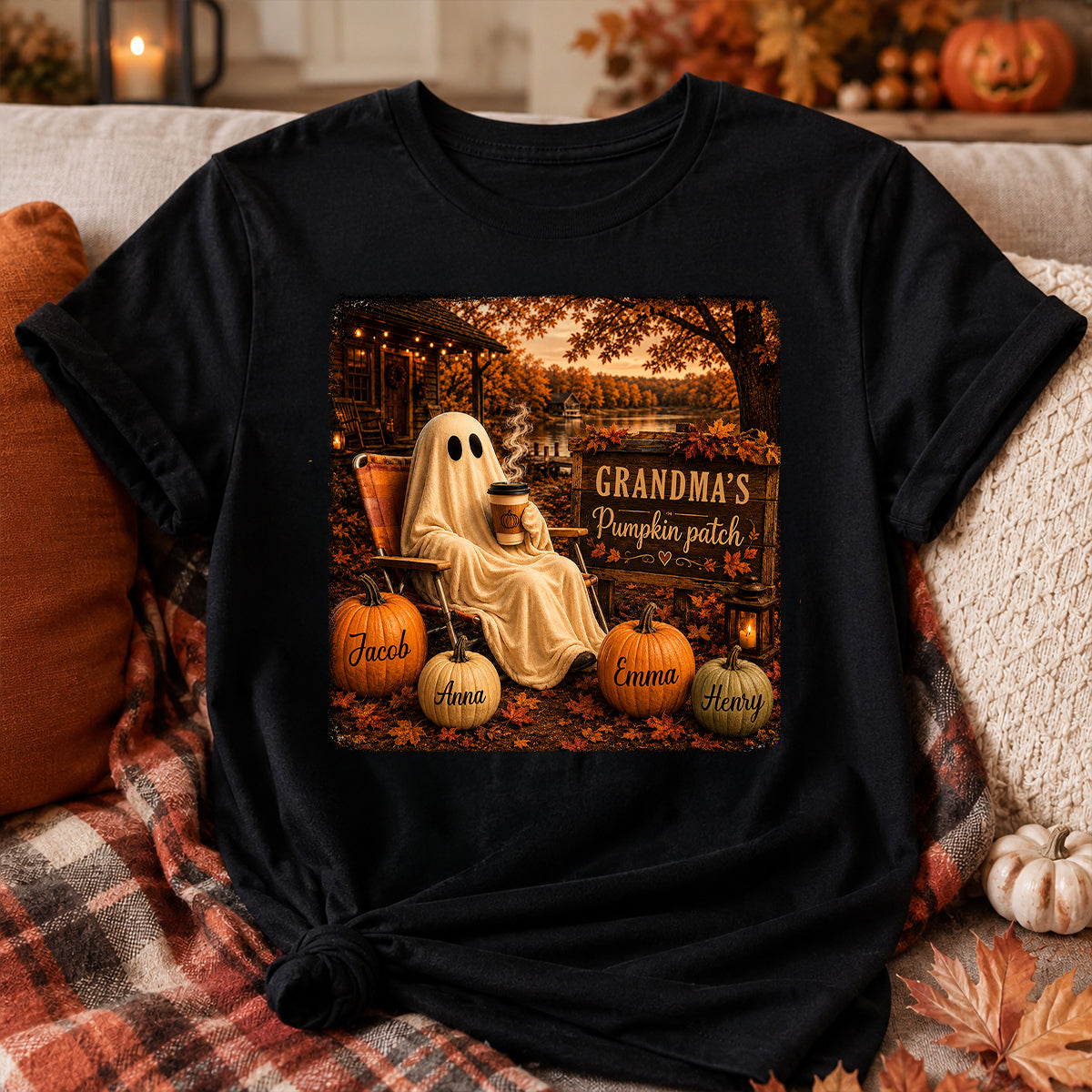 Grandma's Pumpkin Patch Ghost Fall Vibe - Personalized Shirt - Cozy Fall Gift for Grandma