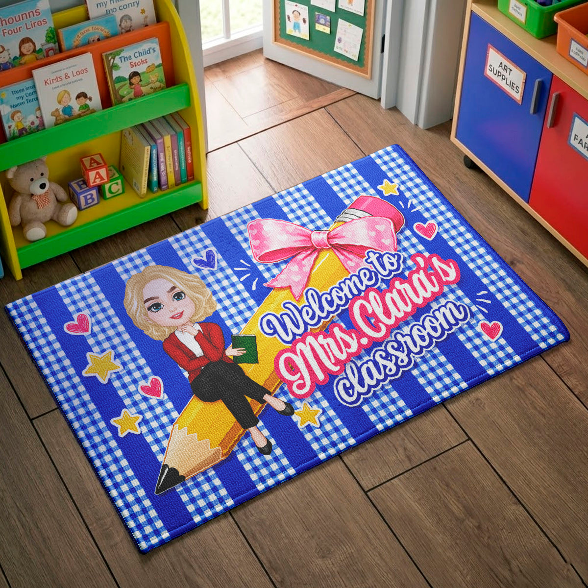 Welcome to Teacher's Classroom Pencil Bow - Personalized Doormat - Back to School Decor for Teacher