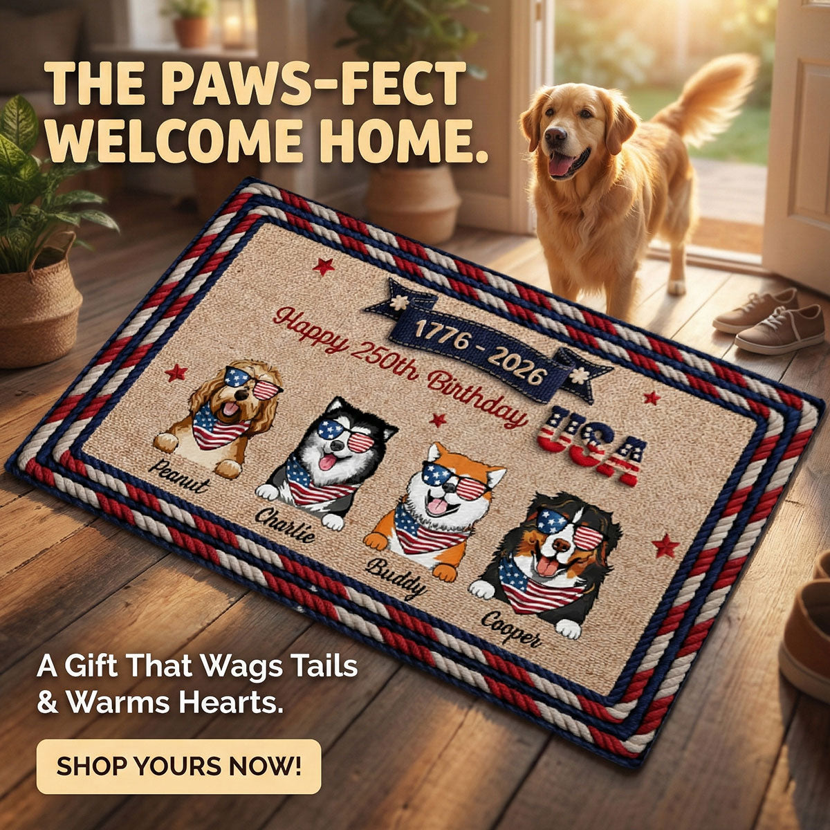 USA 250th Birthday Patriotic Flag Dog Faux Yarn Pattern - Personalized Doormat - Gift For Dog Lovers