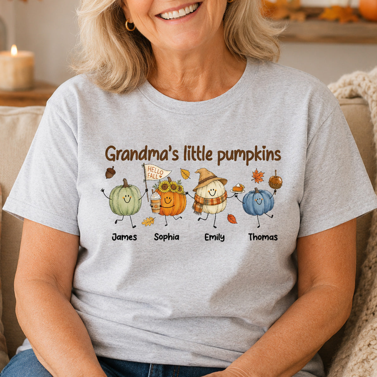 Grandma's Little Pumpkins Cute Characters - Personalized Shirt - Fall Season Shirt For Grandma, Mom