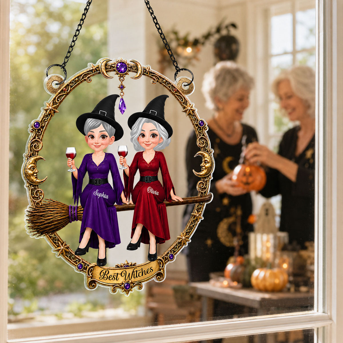 Besties Witches Sitting On Broom - Personalized Acrylic Window Hanger - Halloween Decoration