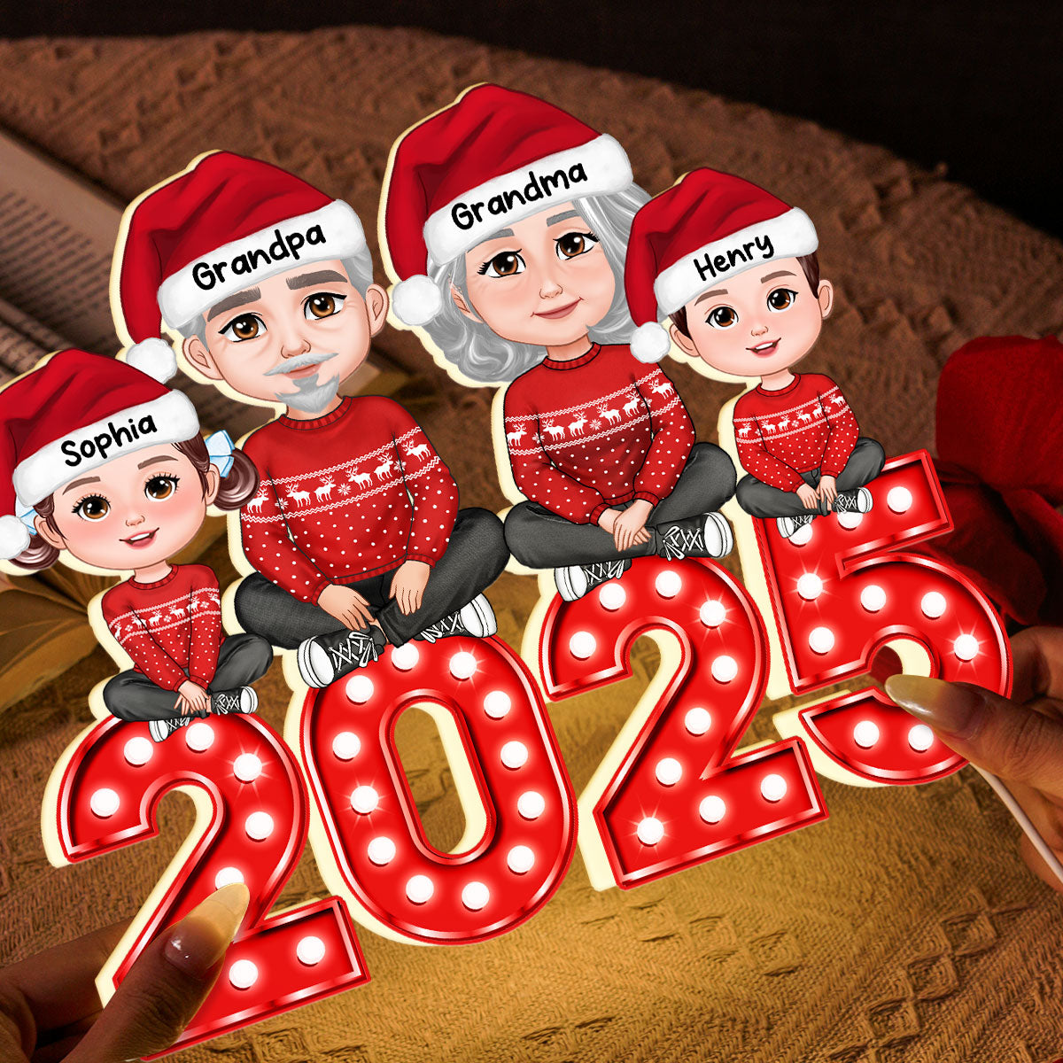 Christmas Grandma Grandpa And Grandkids Marquee Pattern Effect - Personalized Light Box