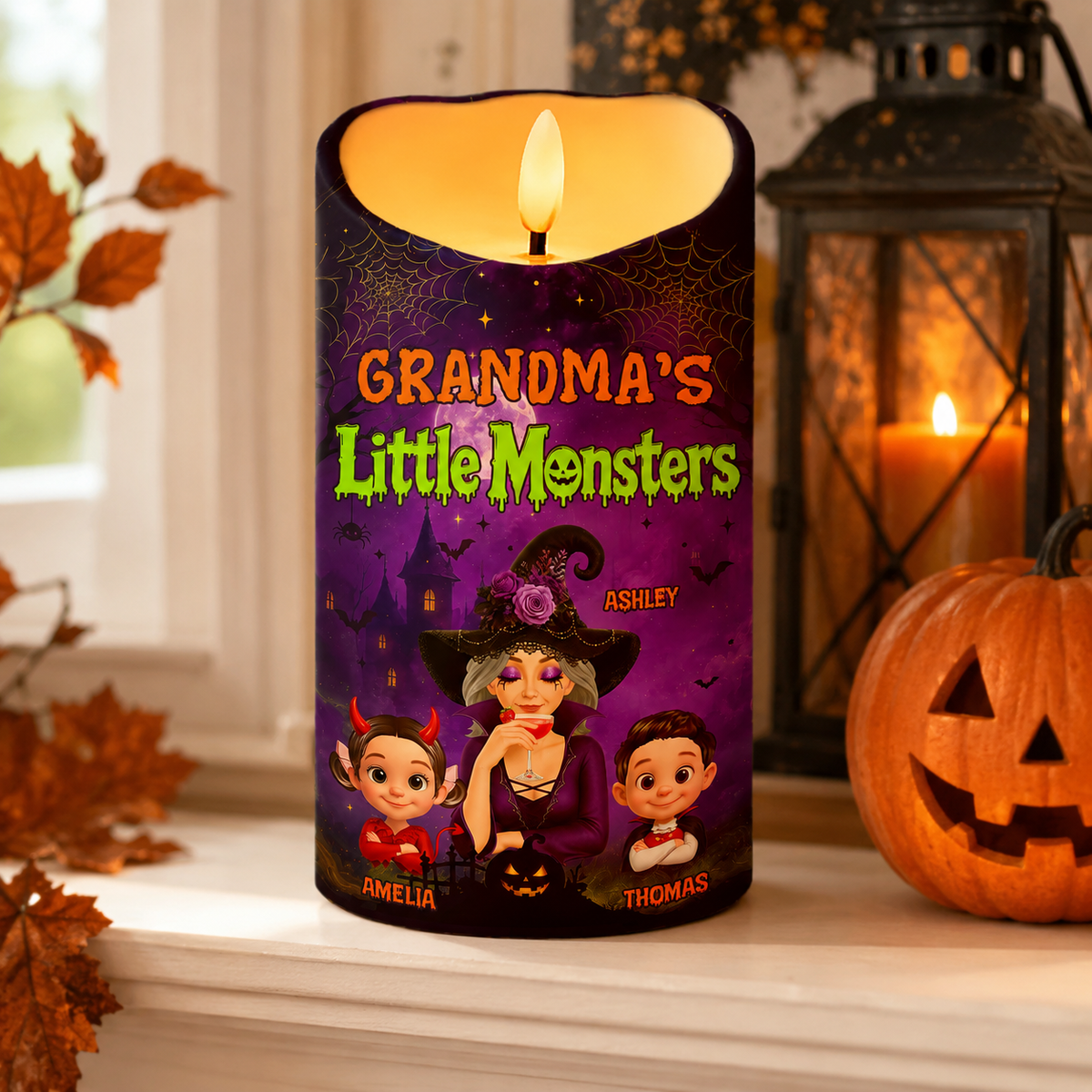 Grandma's Little Monsters Pretty Witch & Kids Purple Theme - Personalized LED Candle - Perfect Halloween Decor for Grandma