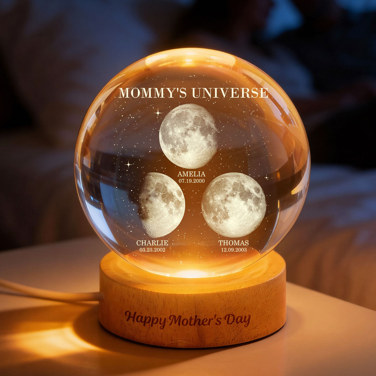 Mommy's Universe, Custom Moon Phase by Date - Personalized Crystal Ball LED Night Light - Mother's Day Gift for Mom, Wife