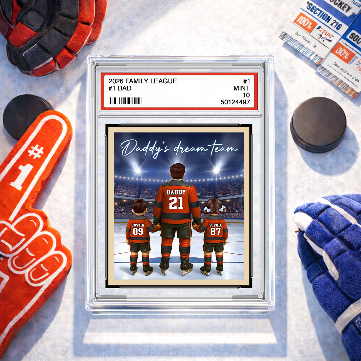 Daddy's Dream Team Hockey Trading Card Style - Personalized Acrylic Block Plaque - Heartfelt Gift For Hockey Dad, Gift For Husband