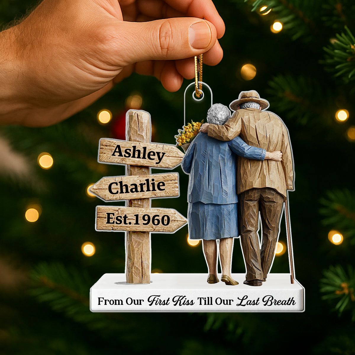 3D Effect Wooden Old Couple Sign Post - Personalized Acrylic Ornament - Heartwarming Christmas Gift For Him, For Her, For Couple