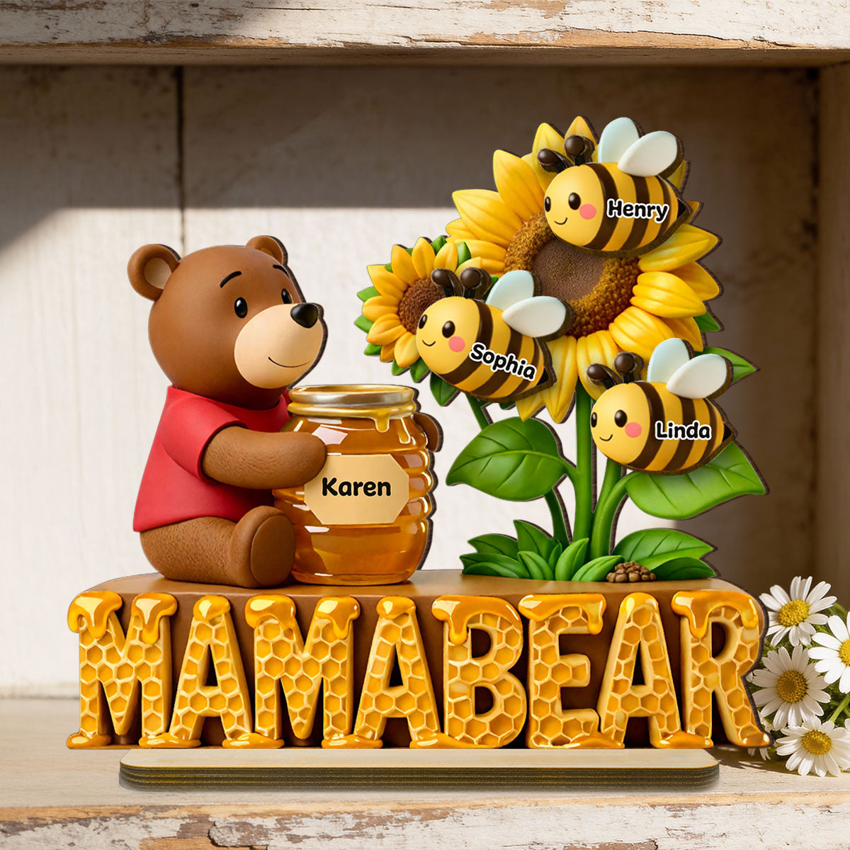 Mama Bear And Little Bees - Personalized 2-Layered Wooden Plaque - Heartfelt Gift For Mom, Grandma