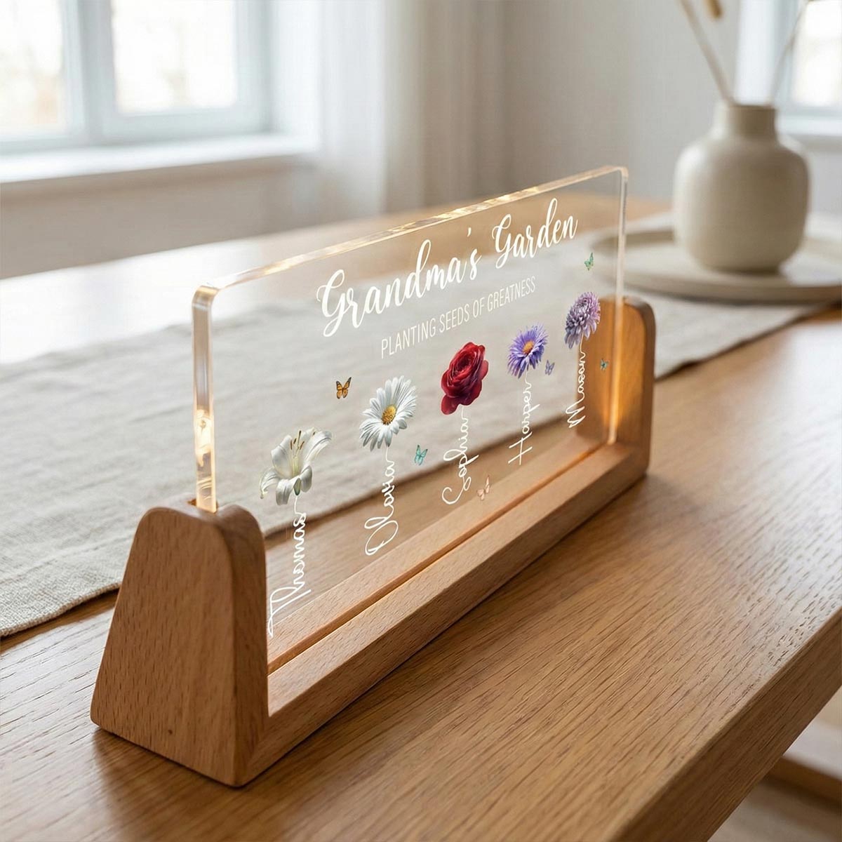 Grandma's Garden Custom Birth Month Flowers - Personalised Acrylic Plaque LED Night Light - Gift For Grandma