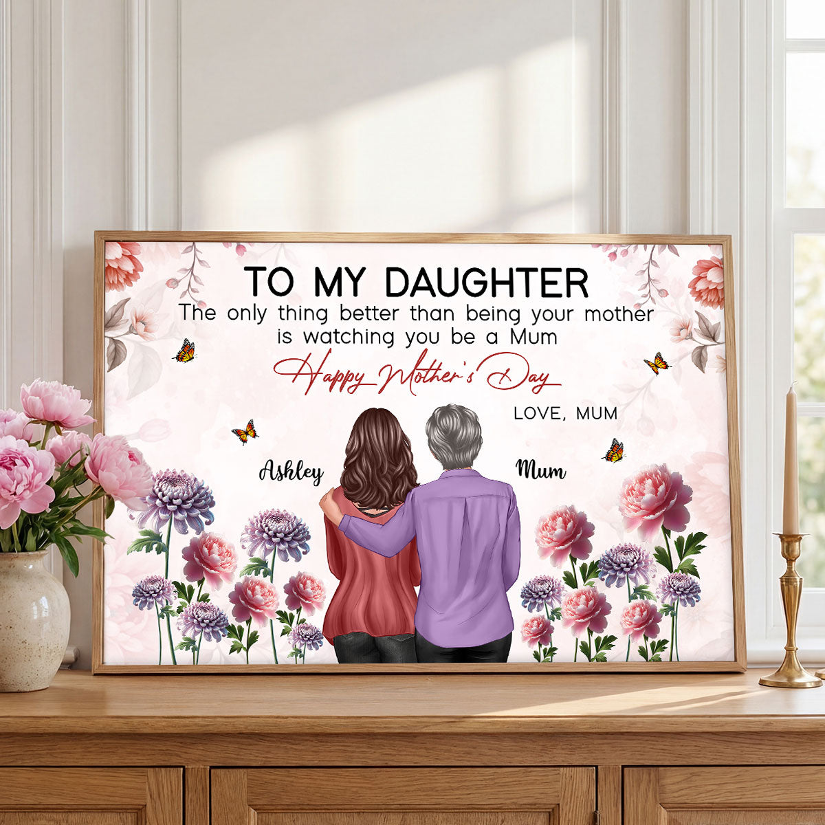 To My Daughter From Mum Birth Month Flower Floral Pink Tone - Personalised Poster