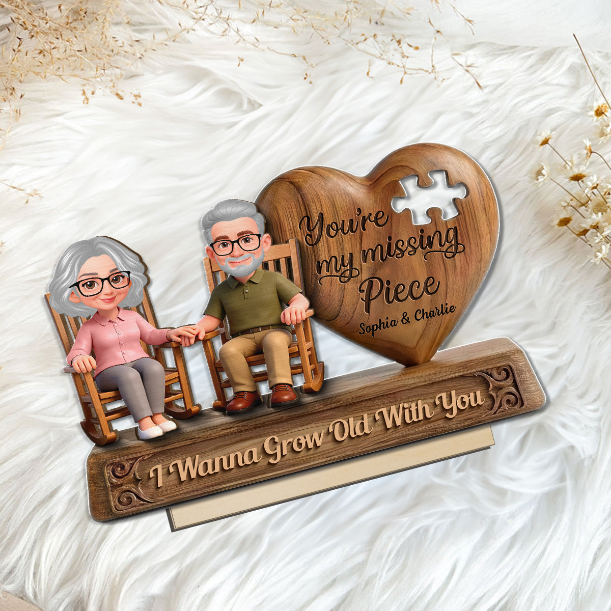 3D Effect Old Couple Sitting On Rocking Chair My Missing Piece - Personalized 2-Layered Wooden Plaque