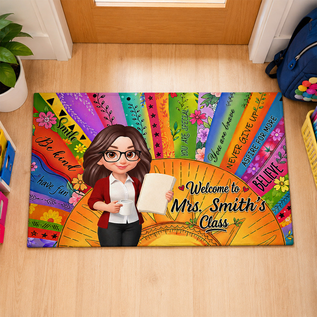 Welcome To Teacher Classroom Boho Sun Colorful Message - Personalized Doormat - Back To School Gift For Teacher