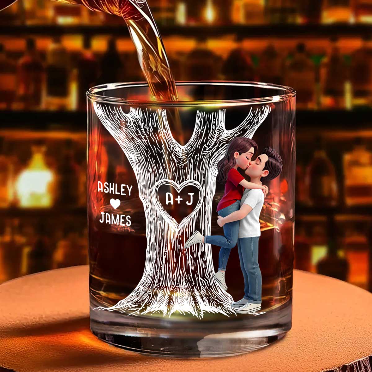 Eternal Love Couple Hugging Kissing Tree Of Love - Personalized Whiskey Glass, Wine Glass - Heartfelt Valentine, Anniversary Gift For Him, For Her