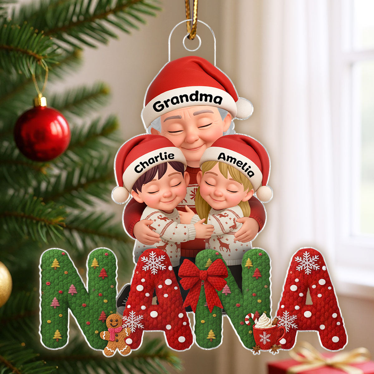 Grandma Hugging Grandkid Latch Hook Yarn Faux - Personalized Acrylic Ornament - Heartfelt Christmas Gift for Grandma, Grandkids