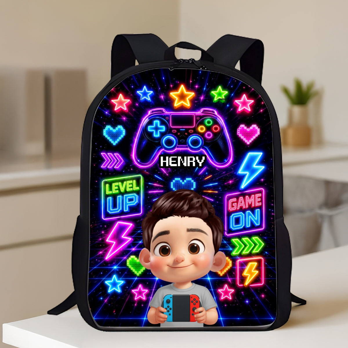 Neon Gamer Design for Boys Girls - Personalized Backpack - Back to School Backpack for Kids, Boys, Girls
