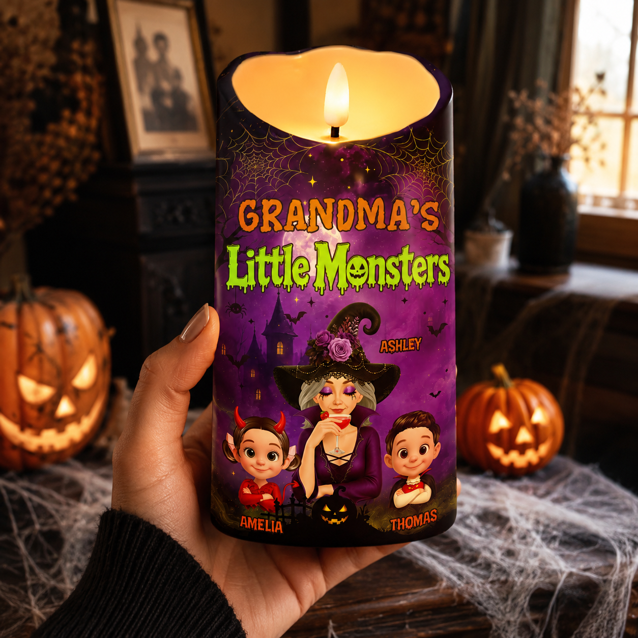 Grandma's Little Monsters Pretty Witch & Kids Purple Theme - Personalized LED Candle - Perfect Halloween Decor for Grandma