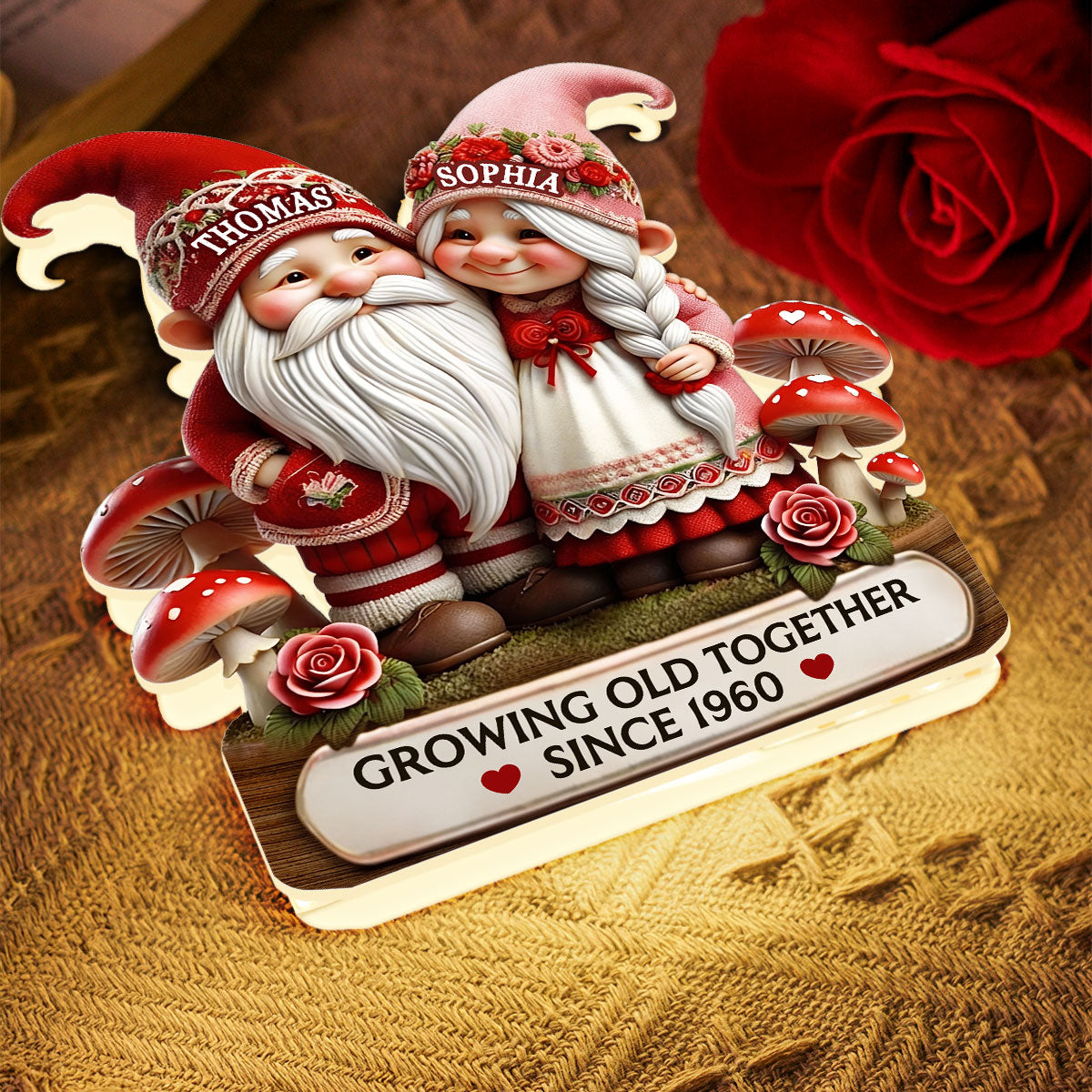 3D Effect Gnome Couple Growing Old Together - Personalized Light Box - Heartfelt Valentine's Day Gift, Anniversary Gift For Couple, For Him, For Her