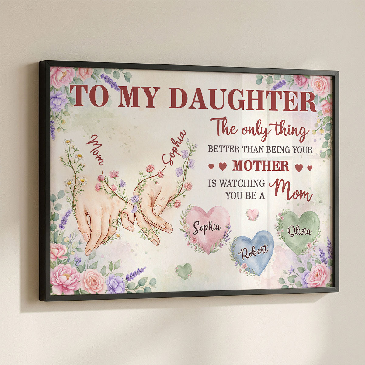 Floral To My Daughter Mom And Daughter Holding Hands Custom Kids Names - Personalized Poster - Mother's Day Gift For Daughter