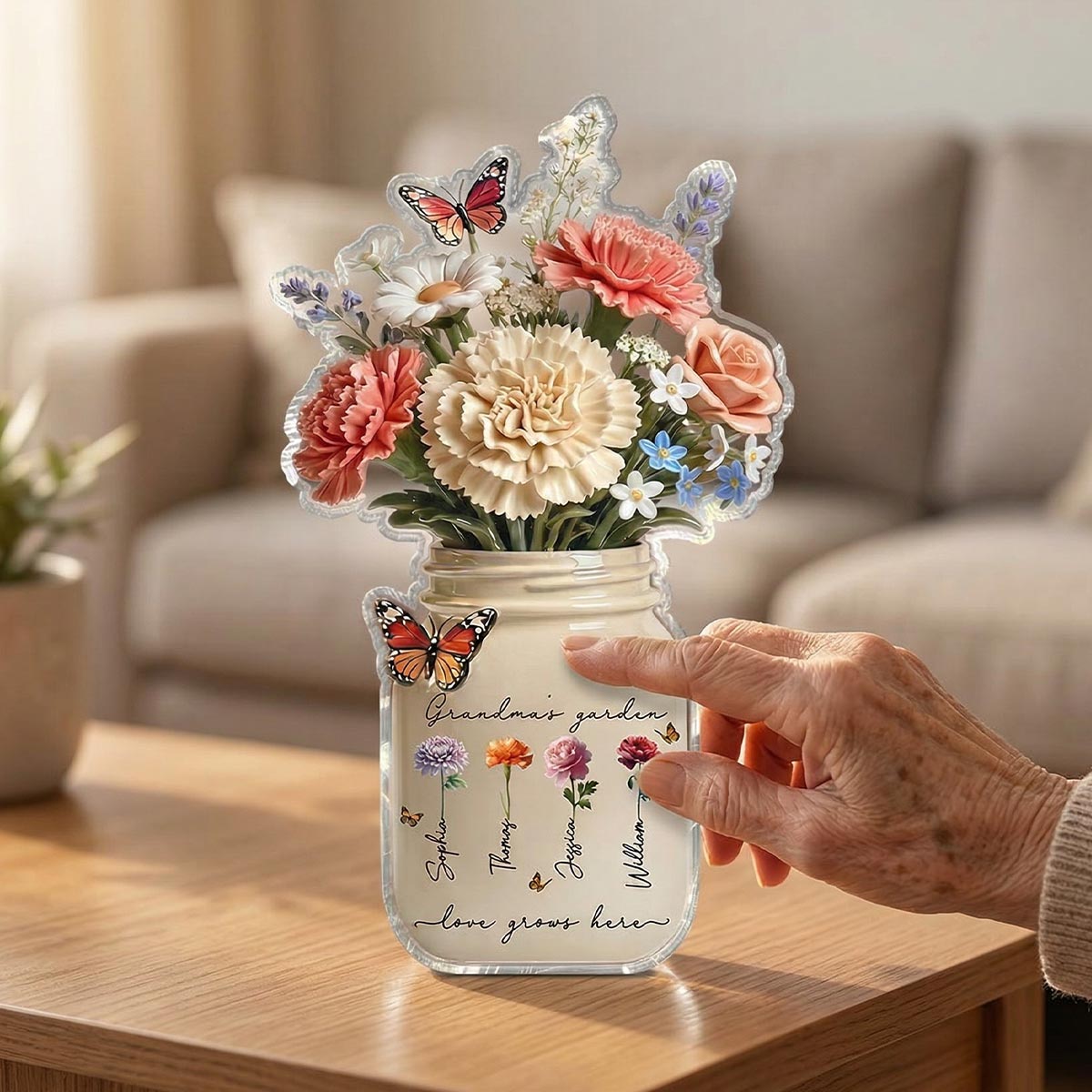Grandma's Garden Flower Jars Birth Flowers 2D Flat - Personalized Acrylic Block Plaque - Mother's Day Gift For Grandma