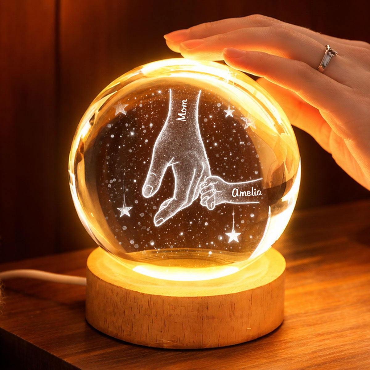 Mom Grandma Kids Holding Hands - Personalized Crystal Ball LED Night Light - Sentimental Mother's Day Gift for Mom, Grandma, Wife
