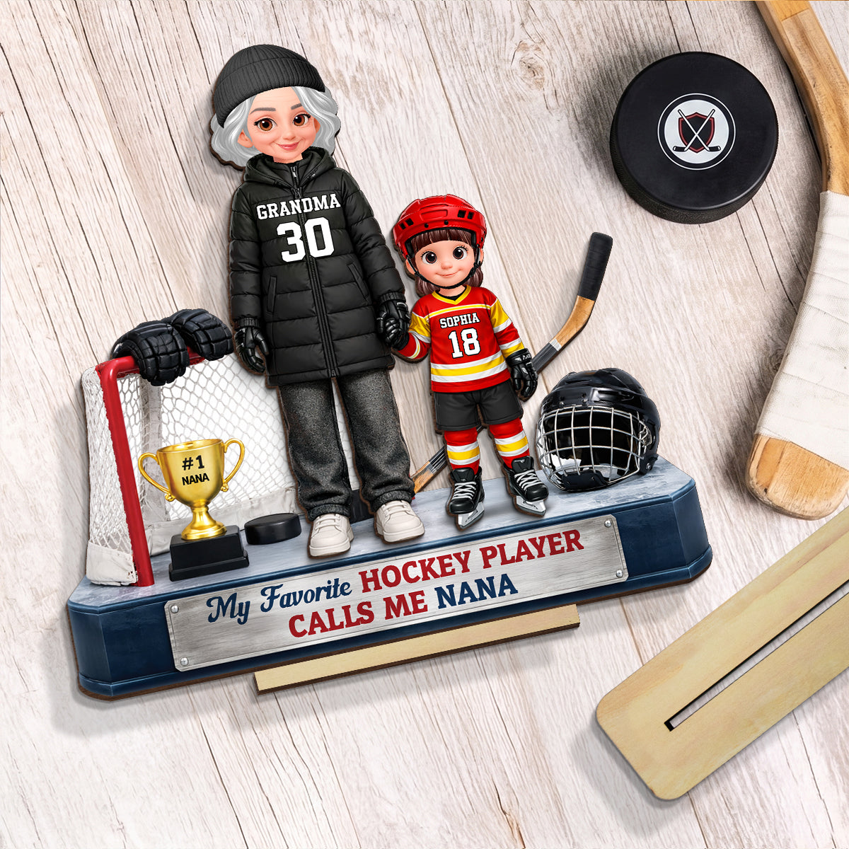 Grandma Hockey And Kids Together - Personalized 2-Layered Wooden Plaque - Heartfelt Gift For Grandma