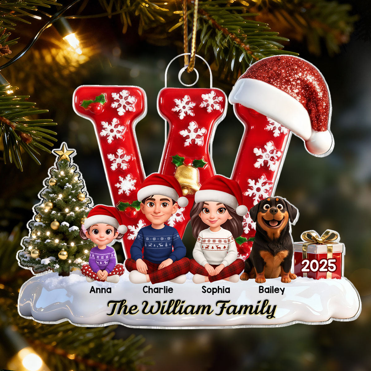 3D Effect Christmas Festive Family Name Initial Beautiful Family Together - Personalized Acrylic Ornament - Gift For Family