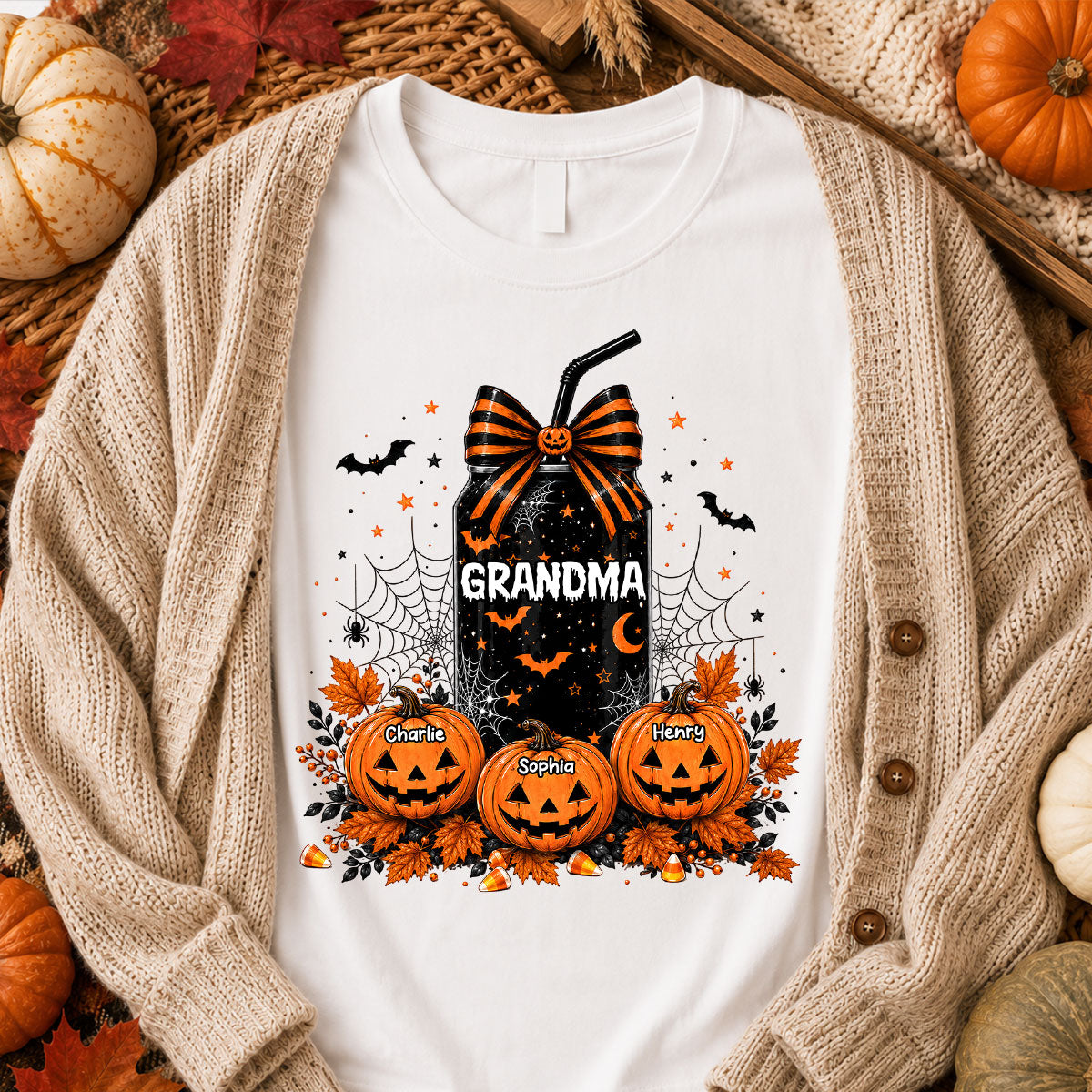 Trending Halloween Retro Soda Grandma Custom Kids Names - Personalized Shirt - Halloween Shirt For Grandma
