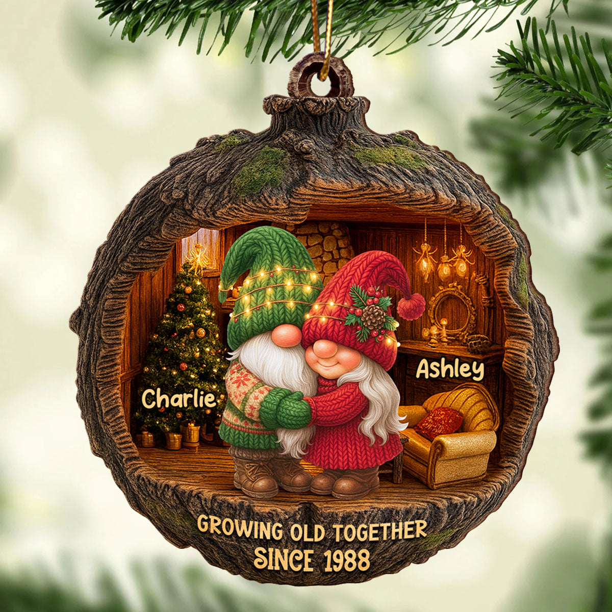 Gnome Couple Cozy Christmas - Personalized Wooden Ornament - Christmas Gift for Couple, for Her, for Him