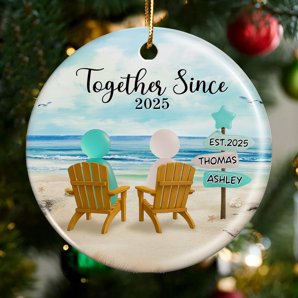 3D Effect Sea Glass Couple Romantic Beach Landscape Sign Posts - Personalized Ceramic Ornament - Heartfelt Christmas Gift For Couple