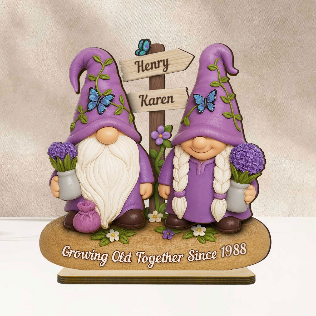 Lavender Gnome Couple - Personalized Standing Wooden Plaque - Gift for Couple, for Him, for Her