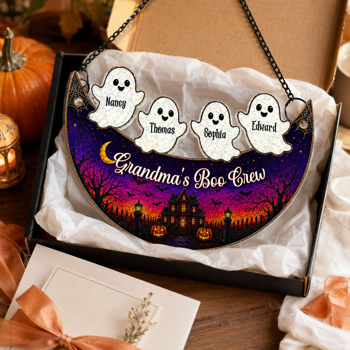 Grandma Boo Crew On Moon - Personalized Acrylic Window Hanging Decor - Halloween Decoration