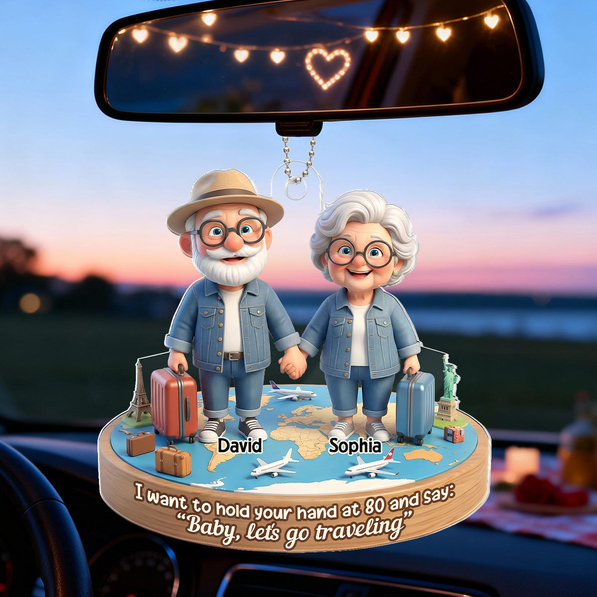 3D Effect Old Couple Baby Let's Go Traveling  - Personalized Acrylic Car Hanger - Sentimental Gift for him, for her