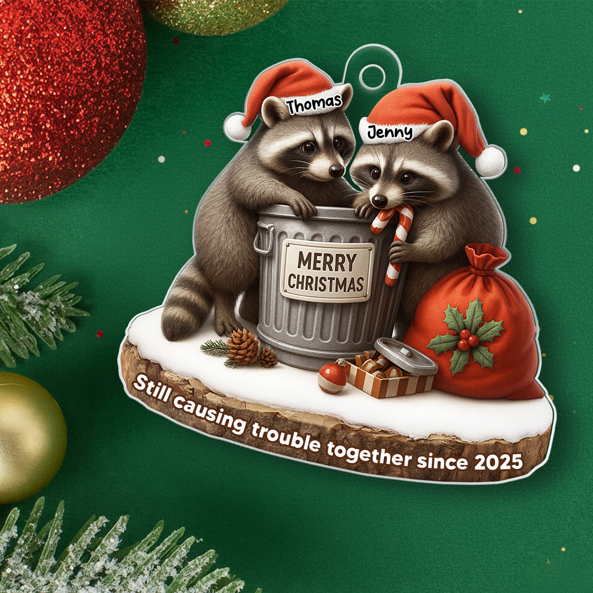Together Through Trash & Treasure Funny Raccoon Couple - Personalized Acrylic Ornament - Christmas Gift for her, Gift for him
