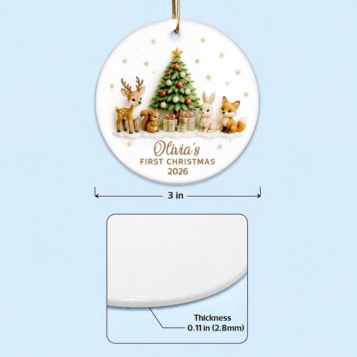 Baby’s First Christmas Tree & Woodland Animals 2D Flat - Personalized Ceramic Ornament - New Baby Christmas Keepsake