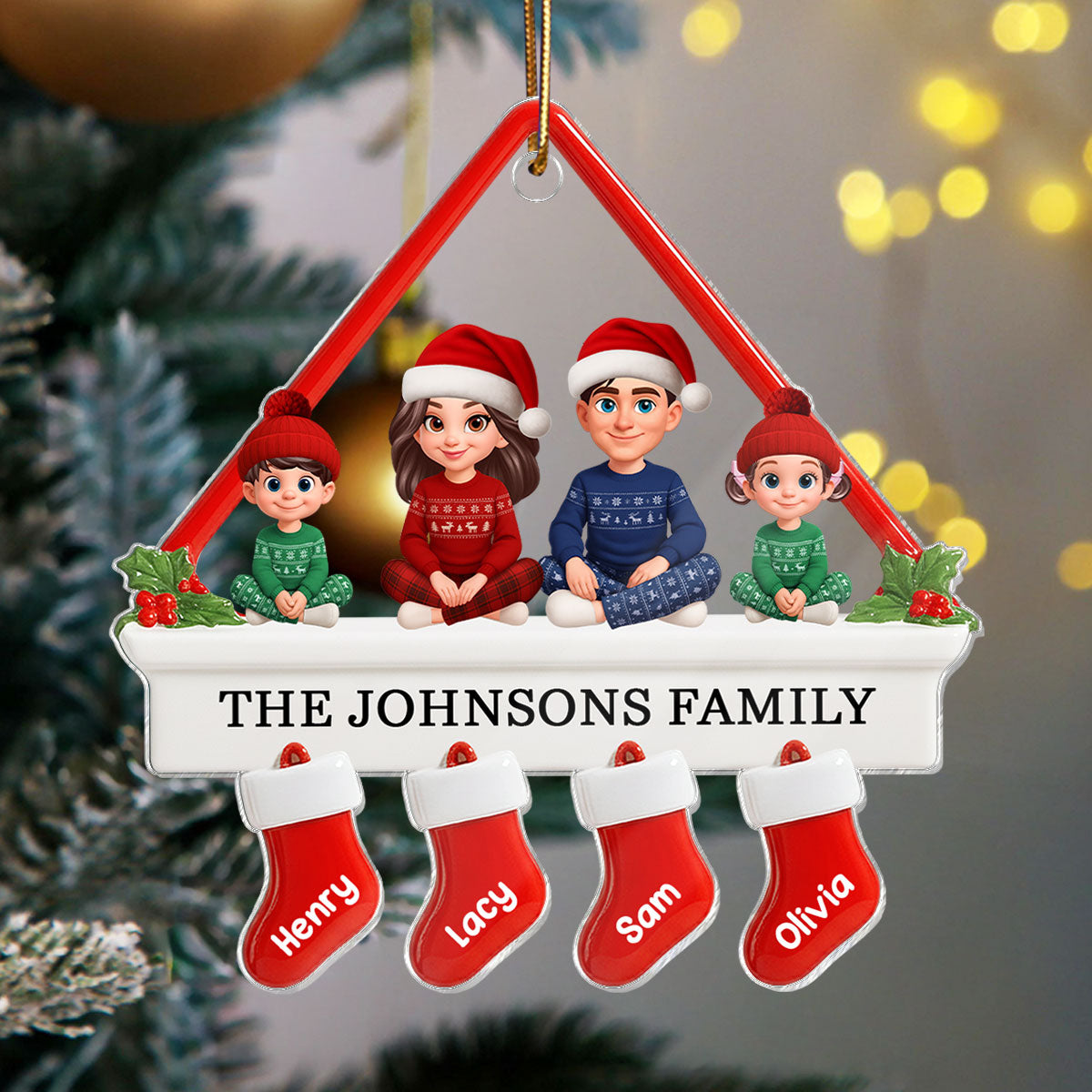 3D Effect Family Sitting On Christmas Mantel - Personalized Acrylic Ornament
