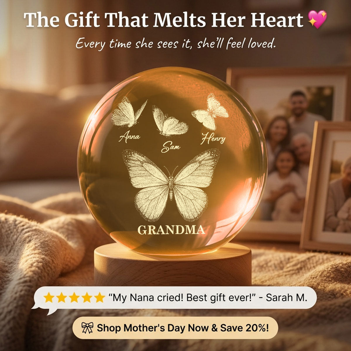 Beautiful Grandma Mom Butterflies Custom Kids Names - Personalized Crystal Ball LED Night Light - Gift For Grandma, Mom