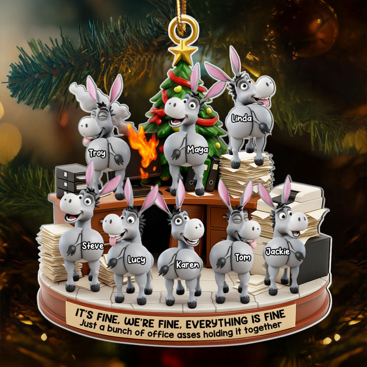 Office Chaos It's Fine We're Fine Bunch of Asses - Personalized Acrylic Ornament - Christmas Gift for Coworkers, White Elephant, Secret Santa Gift
