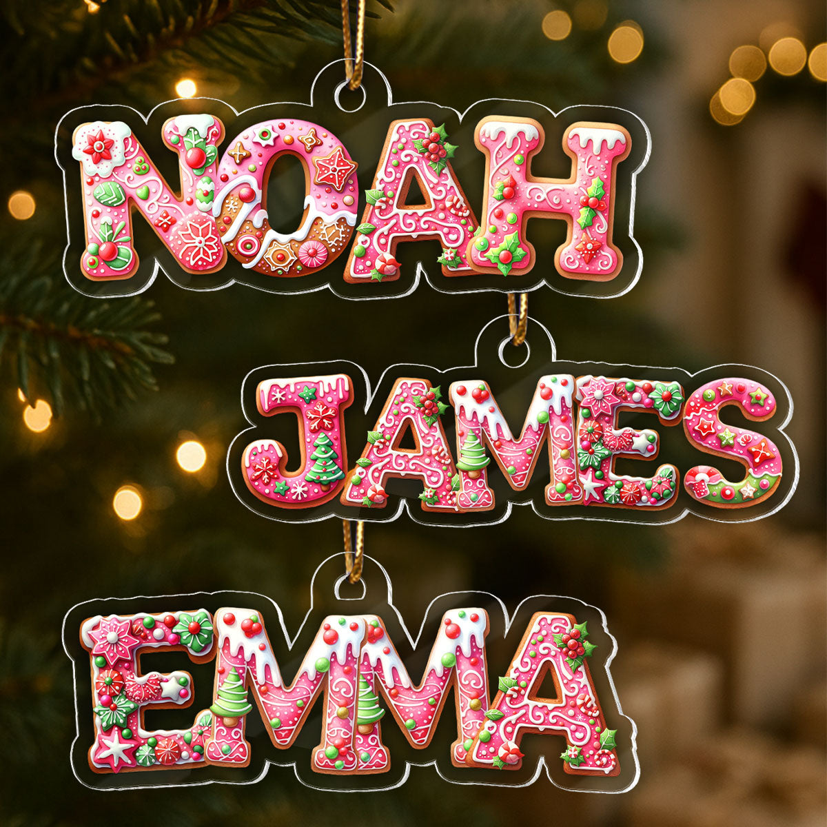 Pink Gingerbread Alphabet Custom Name - Personalized Acrylic Ornament - Christmas Tree Decor