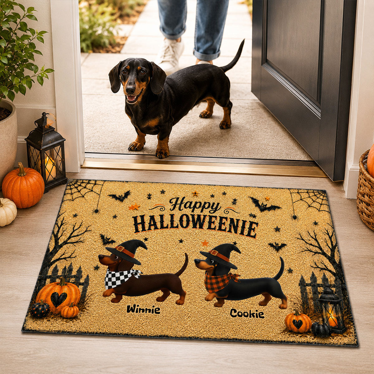 Halloween Dachshund Happy Halloweenie - Personalized Doormat - Halloween Decorations For Dachshund Lovers