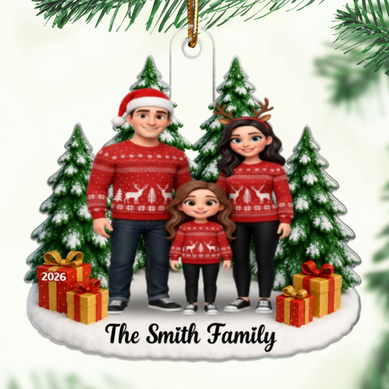 Cartoon Family Portrait From Photo Christmas Tree - Personalized Acrylic Ornament - Christmas Keepsake