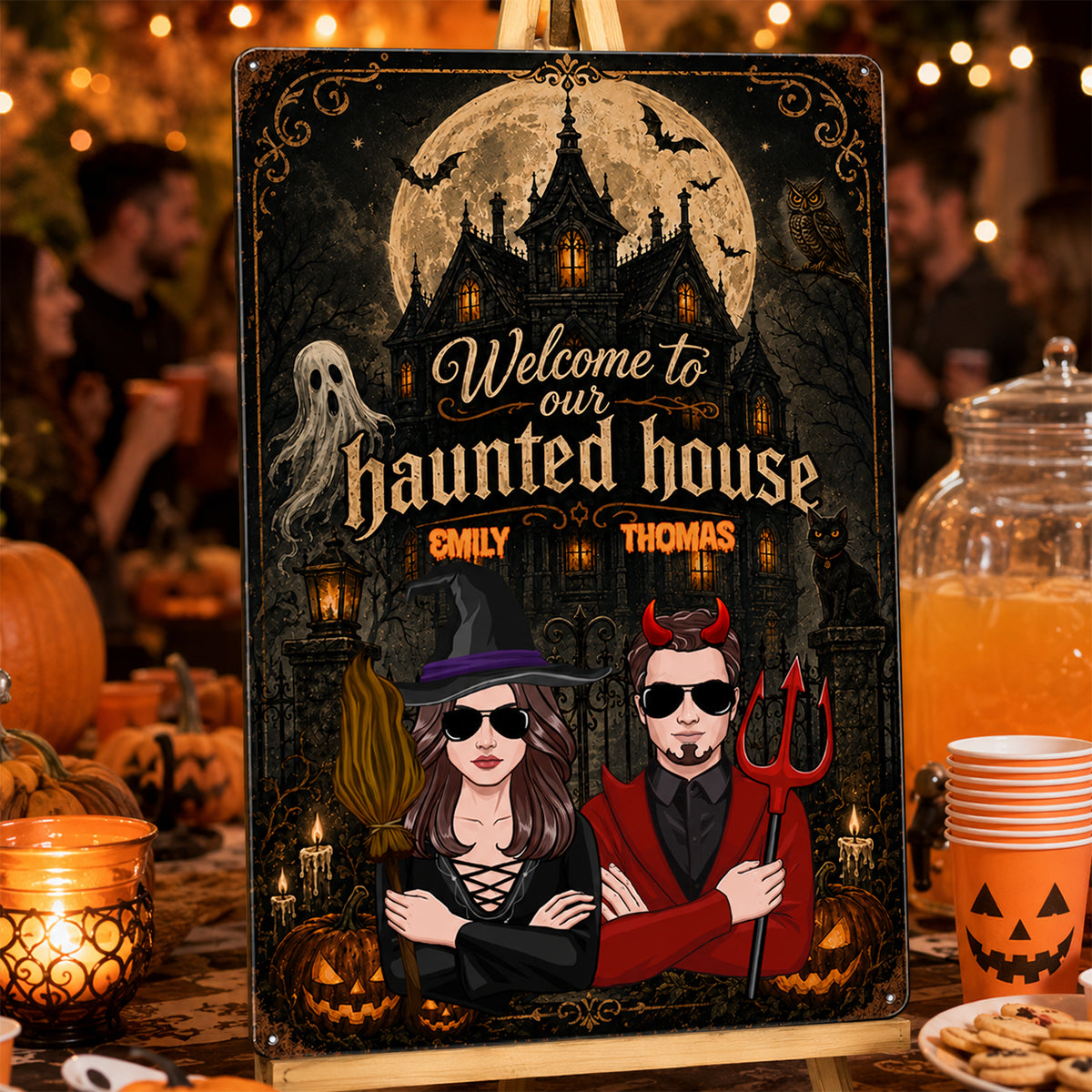 Welcome to Our Haunted House - Personalized Metal Sign - Halloween Decor for Couples